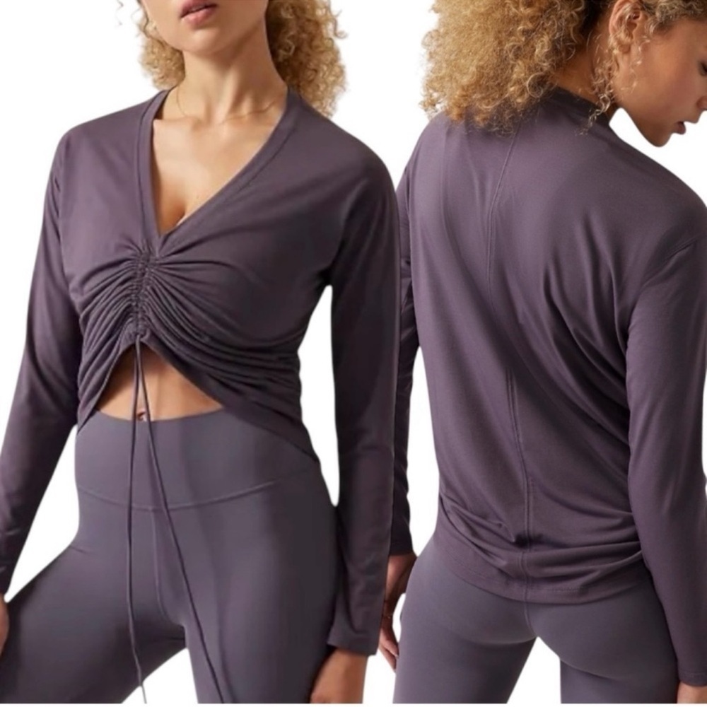 ATHLETA Women’s Smokey Grey Purple Crossover Ruched Chinch Tie Top Yoga Size SP